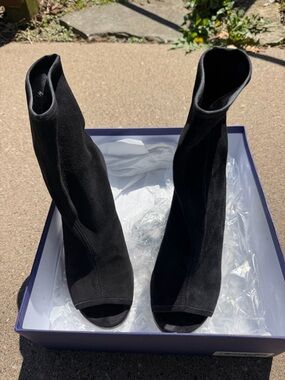 Stuart Weitzman Black Suede Peep-Toe Sock Booties Sz 7.5
